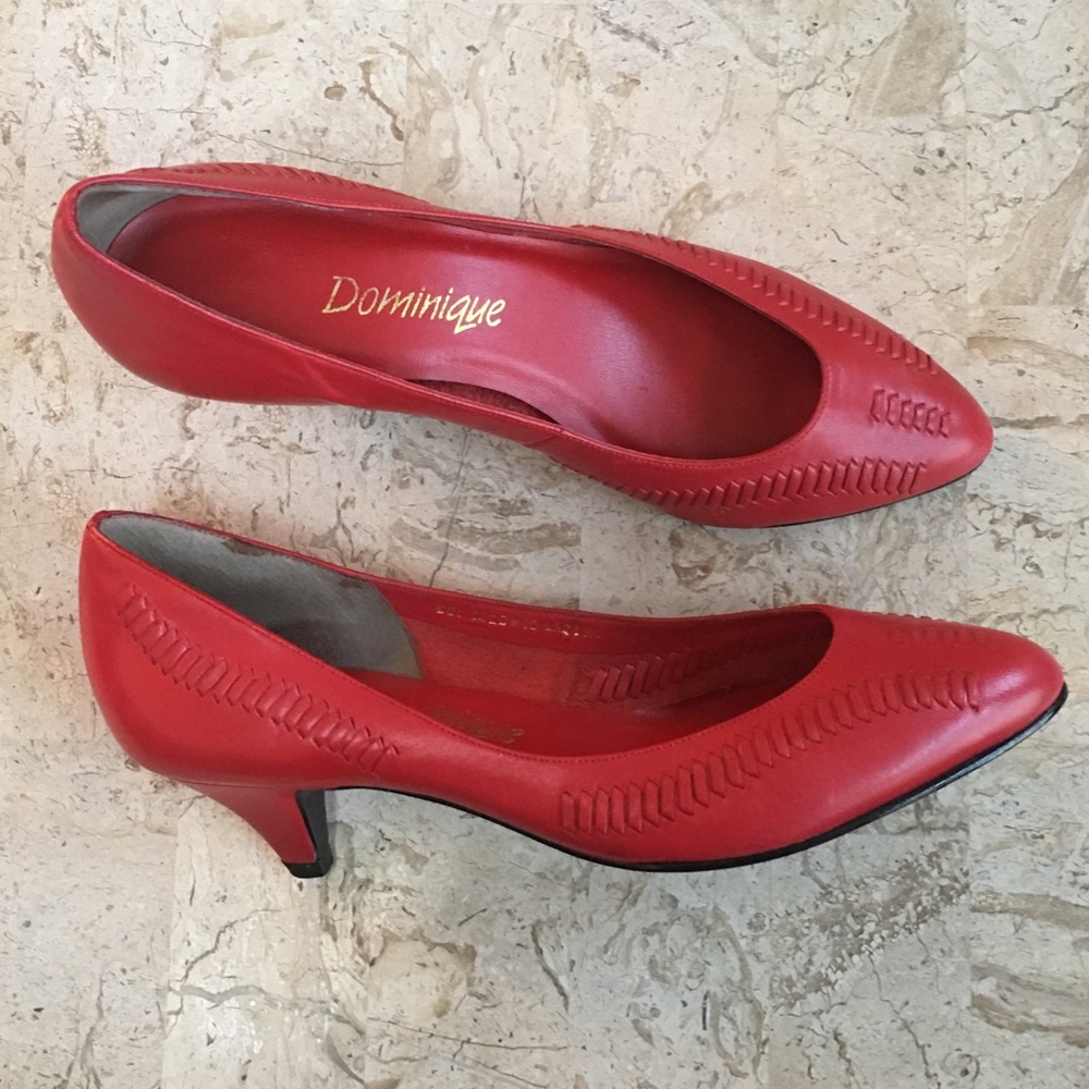 Vintage Red Leather Medium Heel Slip On Pump
